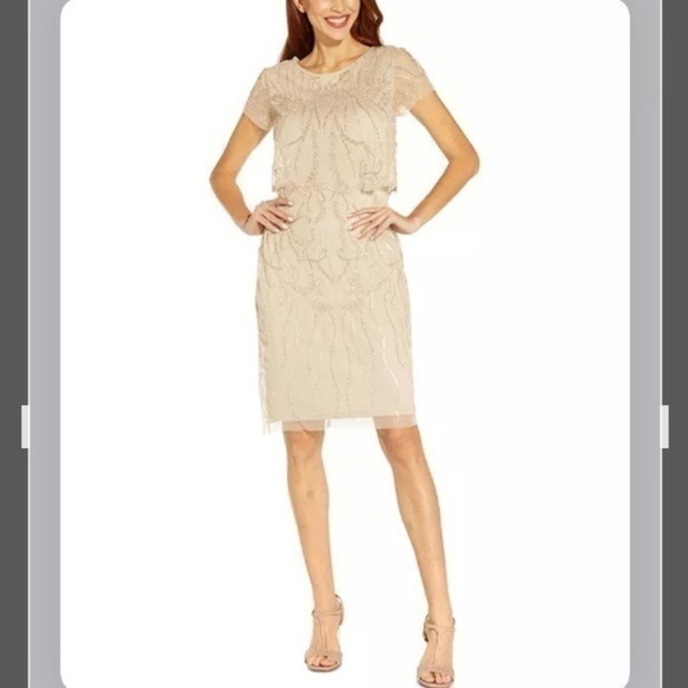 Adrianna Papell Embellished Beaded Overlay Dress in Biscotti